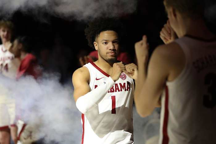 Alabama guard Mark Sears (1) runs out at Coleman Coliseum in Tuscaloosa, AL on Monday, Dec 4, 2023.